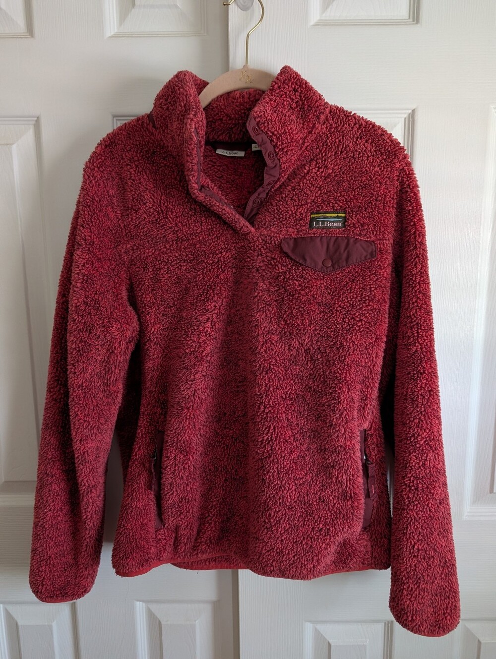 Sz M L.L. Bean Sherpa High Pile Fleece Pullover Sweater Sweatshirt Red Burgundy